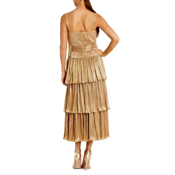 MAC DUGGAL Gold Metallic Plissé Square Neck Pleated Ruffle Belt Detail Dress 8 - Image 4