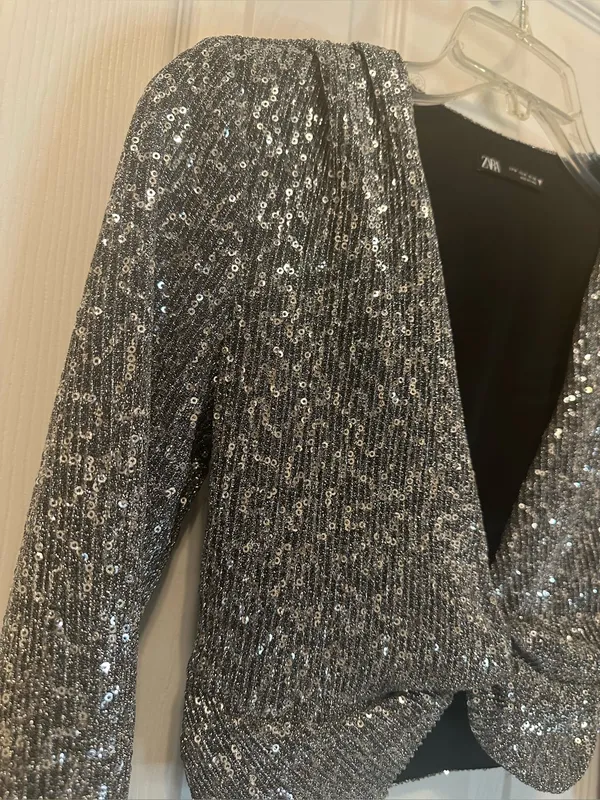 Zara Metallic Silver Twist-Front Long-Sleeve Crop Top - Image 2