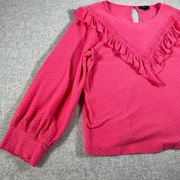 J. Crew Medium Womens Top Blouse Honeycomb Pattern Ruffle Neck Pink Puffy Sleeve - Image 12