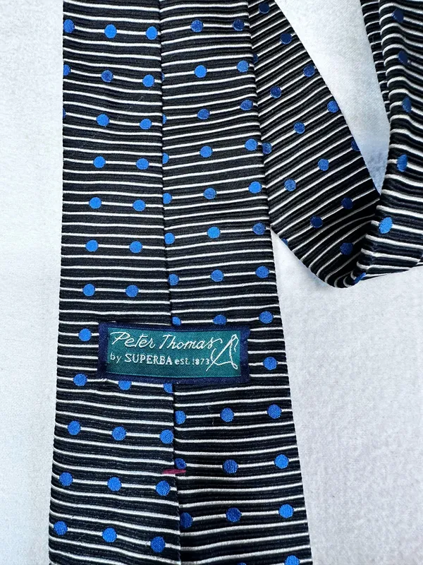 Peter Thomas Silk Tie Made By Superba Geometric Black Grey Blue Polka Dots - Image 10