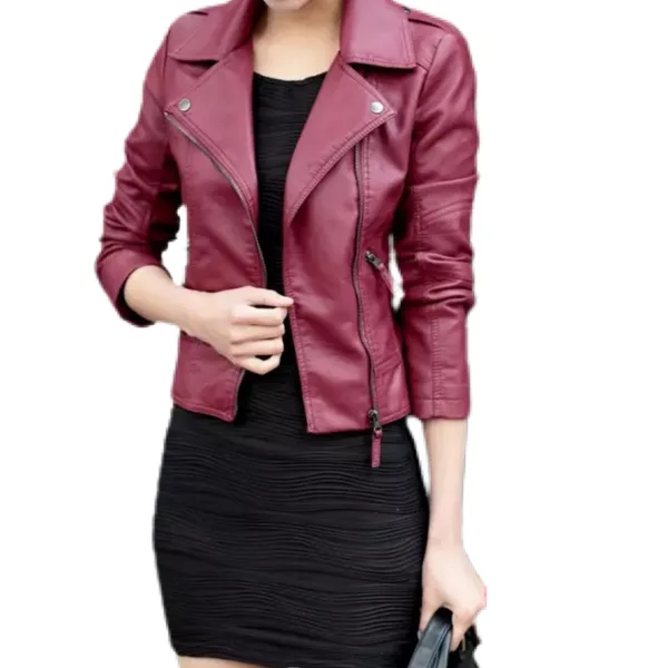 Leather Moto Jacket Boutique (Faux Leather) S Coat Alt Fash Zip Snap Maroon Red - Image 4