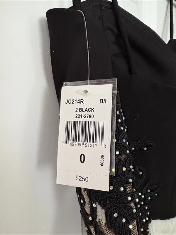 Black and White Beaded Bodice Spaghetti Strap Prom Dress - Image 6