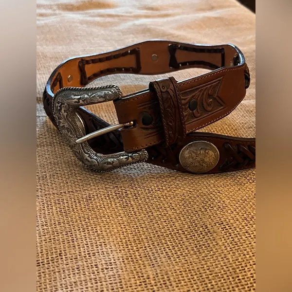 Justin Boots Brown Tooled Cowhide Leather Concho Coin Belt Silver Buckle western 32 in - Image 16