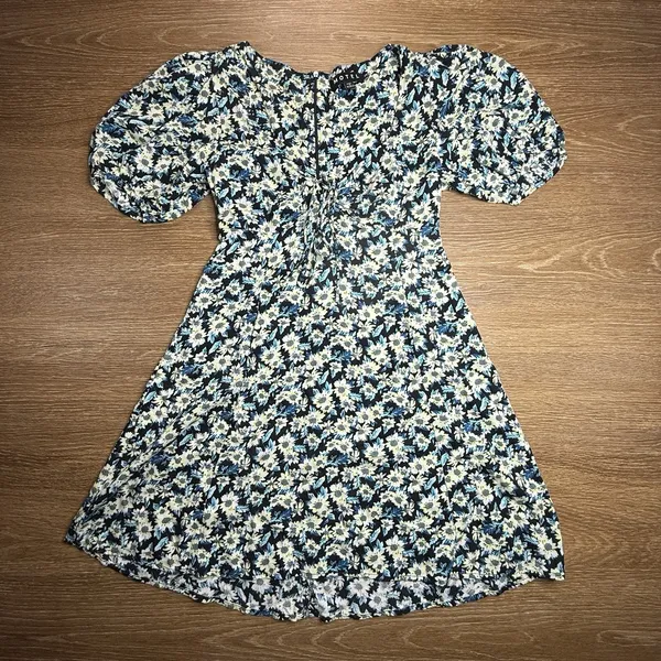 Motel Floral Mini Dress Womens XS Blue Black Puff Sleeve Ruched Cottagecore EUC - Image 2