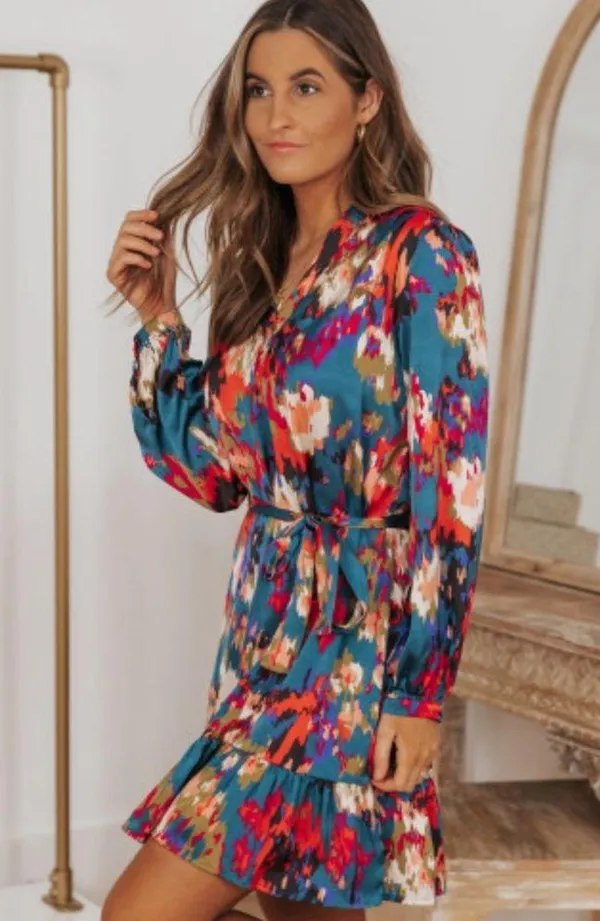 NEW Deep Turquoise Abstract Multicolor Print Belted Ruffle Satin Mini Dress - Image 4