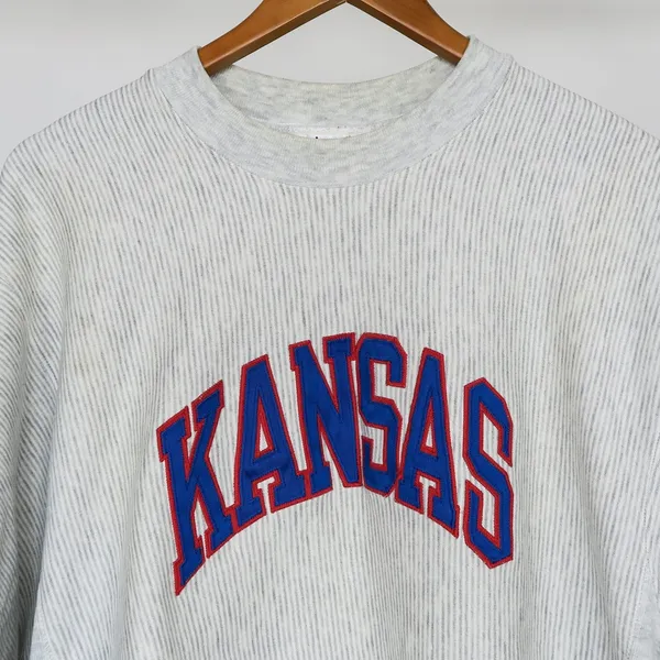 Vintage 90s KU Jayhawks Kansas Gray Pinstripe Sweatshirt - Image 5