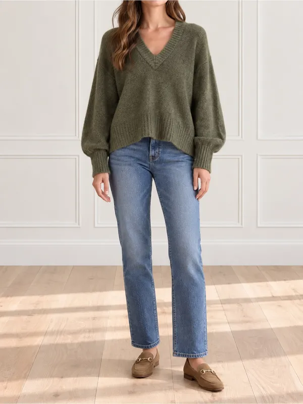 Elan Olive Green Wool Fox Blend Sweater Medium V Neck Balloon Sleeve Oversized - Image 9