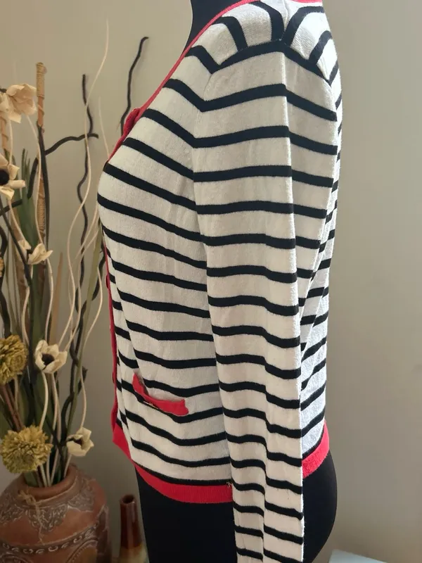 Morgan de toi France Striped Black and White Sweater Cardigan with Red Trim - Image 4