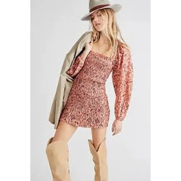 FREE PEOPLE Smock it to Me Mini Dress Puff Sleeve BOHO PRAIRIE FEMININE Size L - Image 8