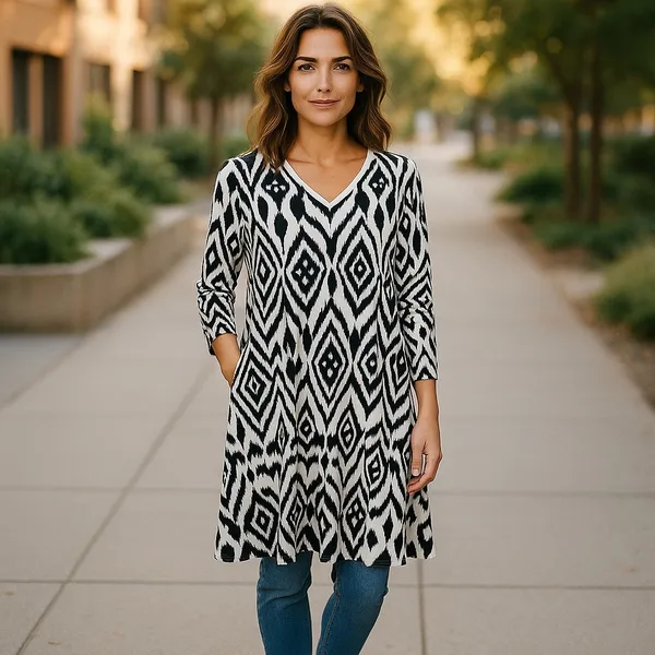 LuLaRoe Womens Dress Size Medium Emily Swing Pockets‎ Black White Ikat Print NEW - Image 2