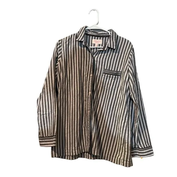Victoria's Secret Pajama Top Womens Large Gray Striped Button‎ Front Long - Image 2