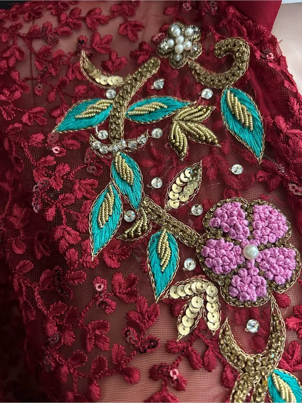 Embroidered Red Lace Fit-and-Flare Women's Dress MD - Image 10