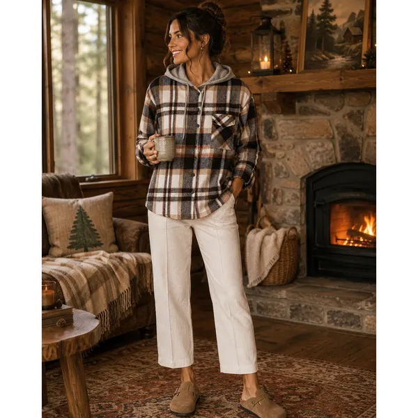 Cabincore Plaid Hooded Shacket Brown Cream Button Front Cozy Rustic L NWT - Image 2