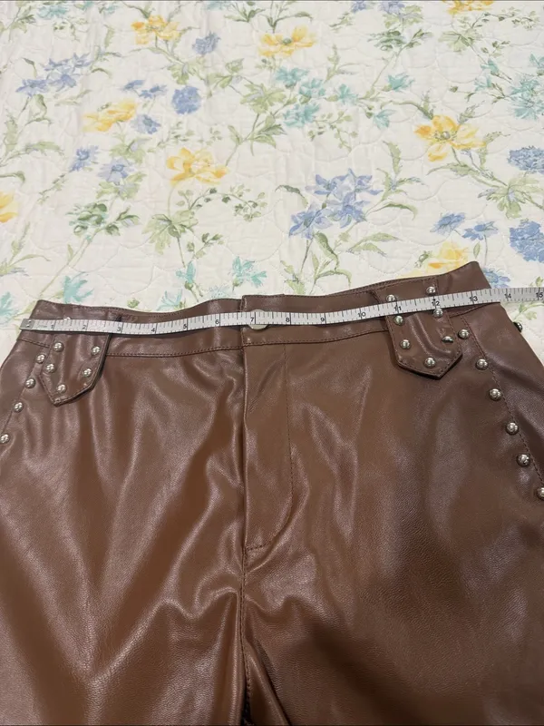 Brown Faux Leather High-Waist Studded Shorts - Image 4