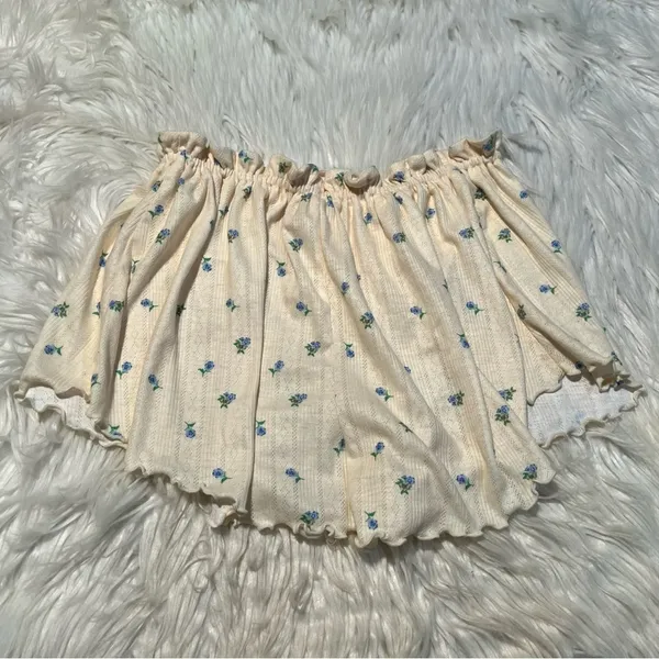 For Love & Lemons Women's Size Medium Pointelle Shorts Butter Yellow Blue Floral - Image 6
