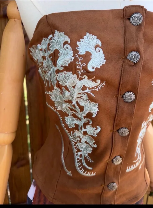 Lucky & Blessed Camel Stretch Suede Floral Embroidered Top - Image 4