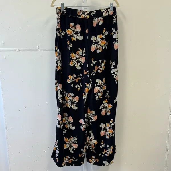 Who What Wear Floral Wide Leg Pants‎ Black Pink Orange Sz M Elastic Waist Belted - Image 2