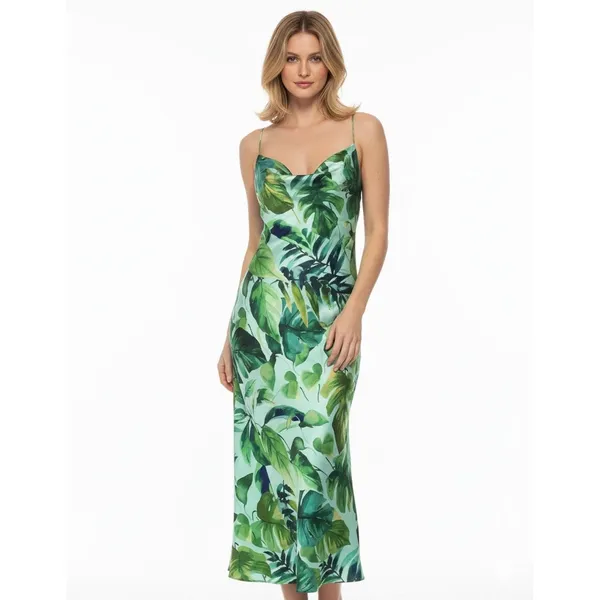 Zara Green Tropical Palm Leaf Satin Long Maxi Slip Dress Size XS - Image 2