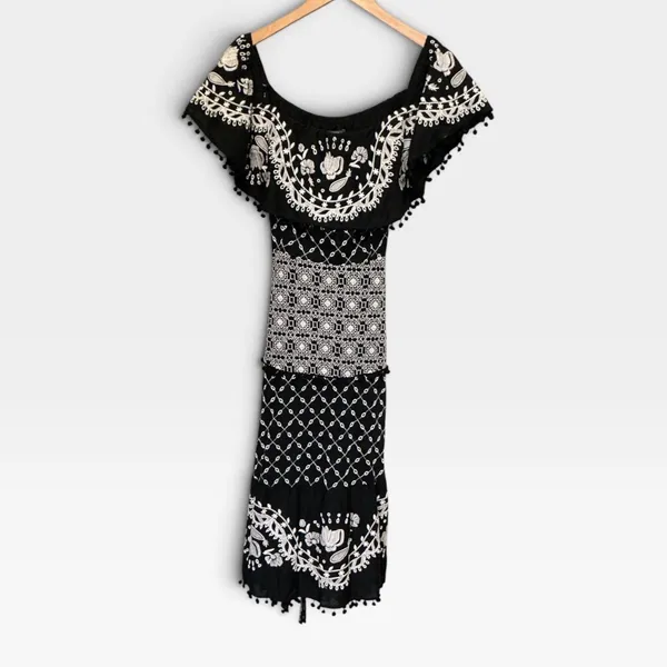 Anthropologie Black Embroidered Cotton Midi Dress Smocked Waist Pom Pom Trim 12 - Image 4