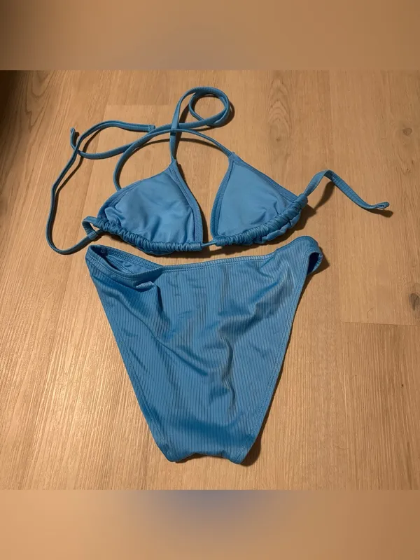 Blue Ribbed Triangle Bikini Set - Image 2