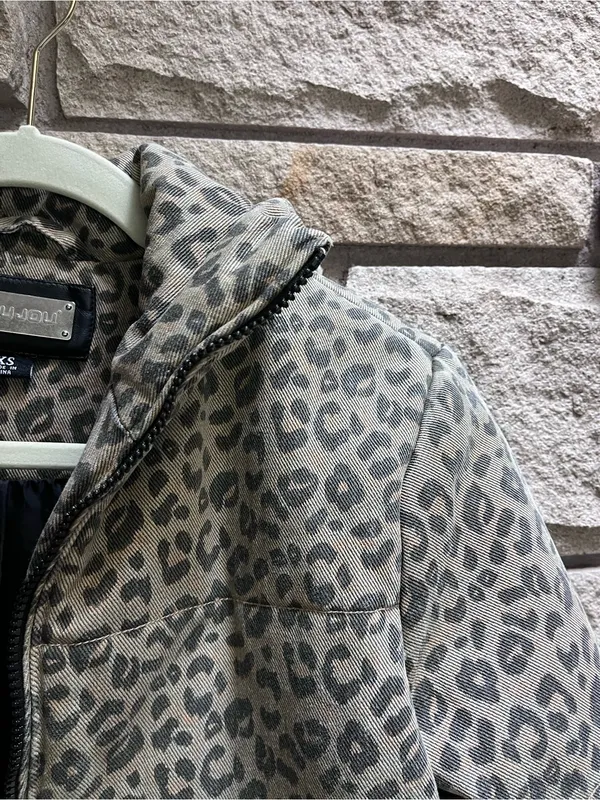 Jou Jou Denim Leopard Print Puffer Jacket - Gray Tan xs - Image 4