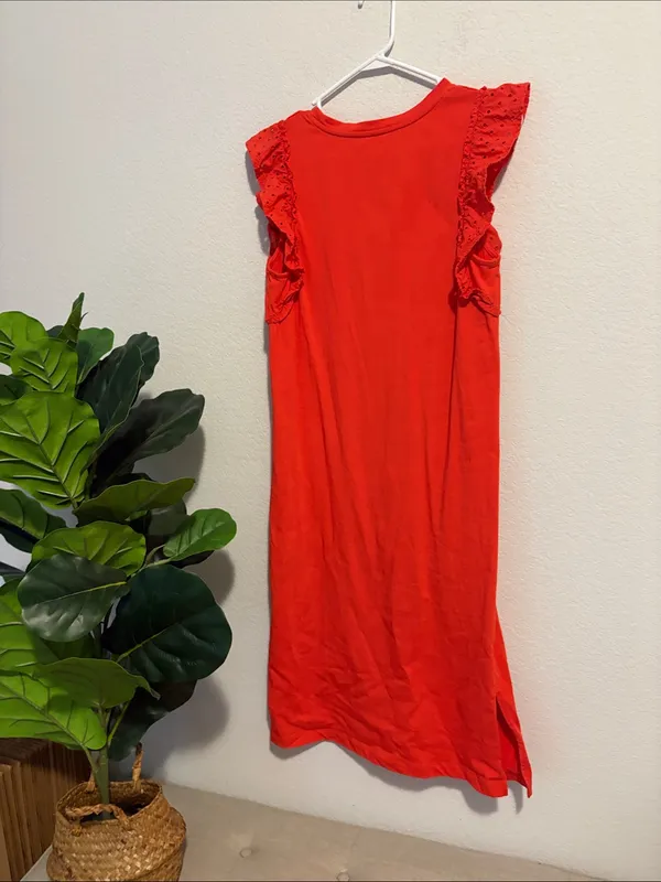 Vibrant coral Ruffle-Sleeve 100% Cotton Shift midi Dress M - Image 5