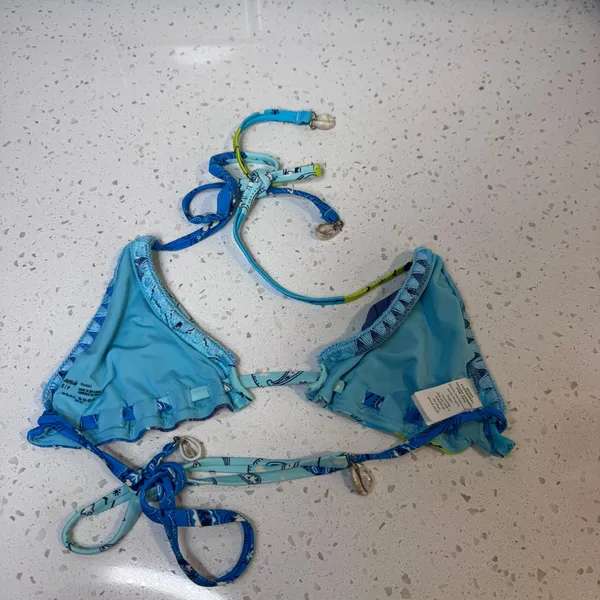 Aerie Real Good Blue Patchwork Paisley Triangle Bikini Top Cowrie Shells Small S - Image 7