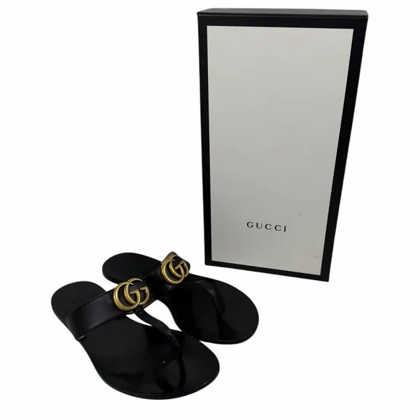 Gucci Black Leather Thong Sandal Gold Double G Logo Size 36.5 - Image 14