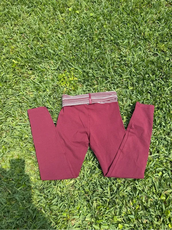 Vintage Hard Tail Forever Fold Over Yoga Leggings Burgundy Stripe Waist Size S M - Image 8
