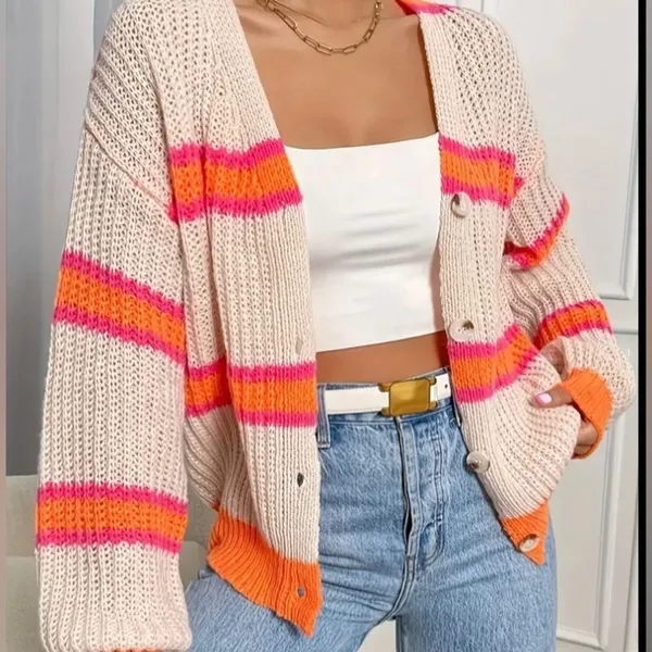 Cider S/M Women’s Knit Cardigan Sweater Button Cream Pink Orange Size Small NEW - Image 2