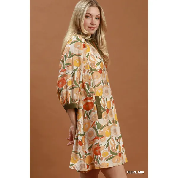 Umgee Mix Floral Contrast Trim Shift Mini Dress - Olive Mix - Medium - Image 2