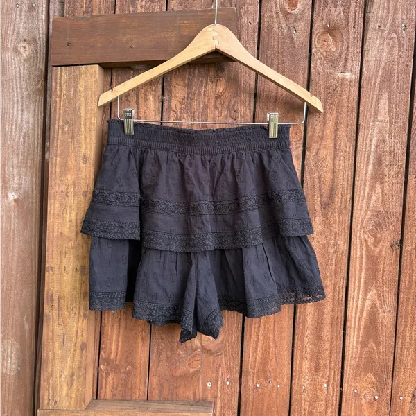 Altar’d State Black Ruffle Layered Lavender Trim Shorts - Image 2