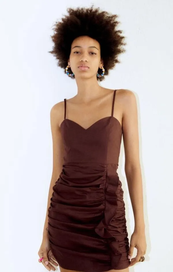 NWT Zara Brown Ruched Ruffle Mini Dress Sz XS - Image 2