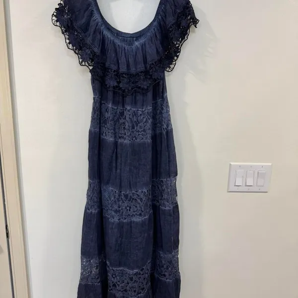 Blue Maxi Dress Large Lace Off Shoulder Boho Cottagecore Romantic Flowy Lace New - Image 2