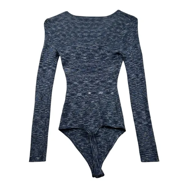 Abercrombie & Fitch Blue Ribbed Bodysuit Long Sleeve Cutout Tie Front Women S - Image 3