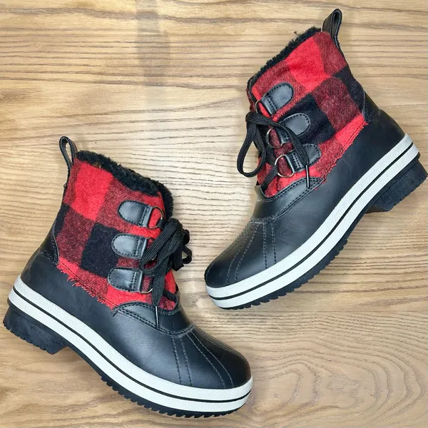 Madden Girl Chill Black and Red Buffalo Check Plaid Winter Rain Duck Boots - Image 2