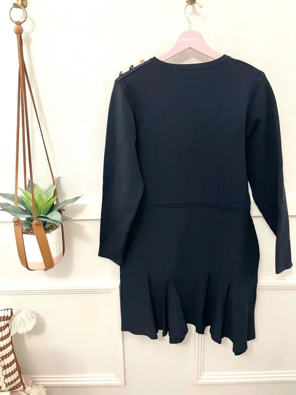 Zara Pleated Knit Dress With Gold Button Navy Blue Long Sleeve XL Quiet Luxury - Image 7