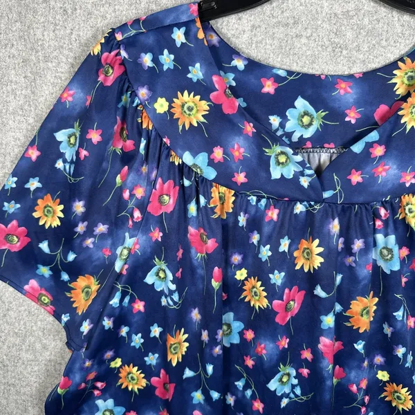 Vintage Plus Size 1X Womens Top MuuMuu Shirt Peasant Hawaiian Floral‎ Boho Blue - Image 2