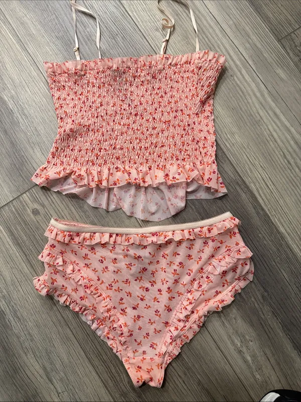 Anthropologie Smocked Ruffle Cami & Short/Brief Set - Pink Floral size small - Image 6
