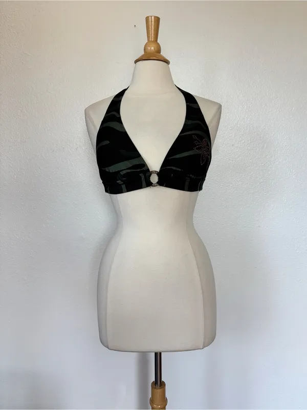 Y2K Camo Pink Triangle Bikini Crop Top Green Size 10 - Image 2