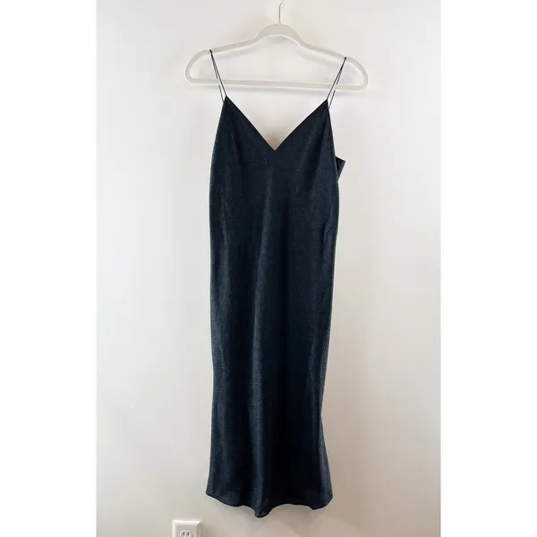 Theory Easy Sleeveless Spaghetti Strap V-Neck Midi Slip Dress Flower Silk Navy 4 - Image 3