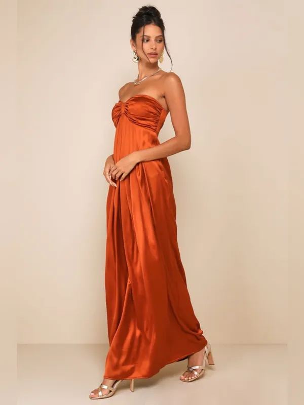 Lulus Memorable Entrance Rust Orange Strapless Satin Maxi Dress Size XL - Image 2