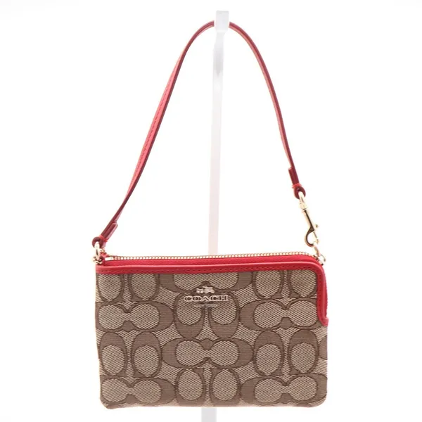 Coach Small Wristlet Signature Canvas Khaki Red Leather F58035 Gold Hardware - Image 2