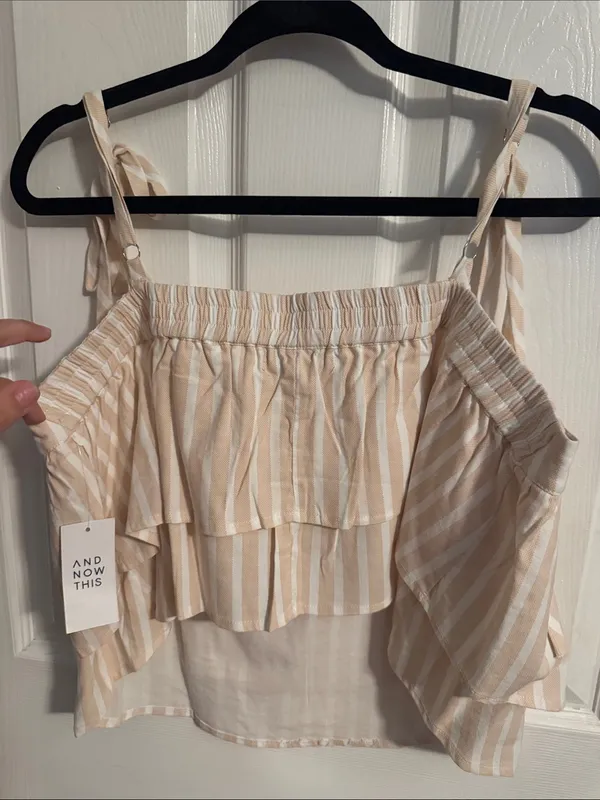 Striped Tie-Shoulder Ruffle Camisole - Beige Cream - Image 6