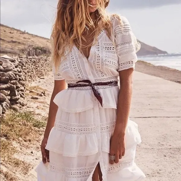 LoveShackFancy Rebecca 100% Cotton White Lace Embroidered Tiered Midi Dress - Image 4