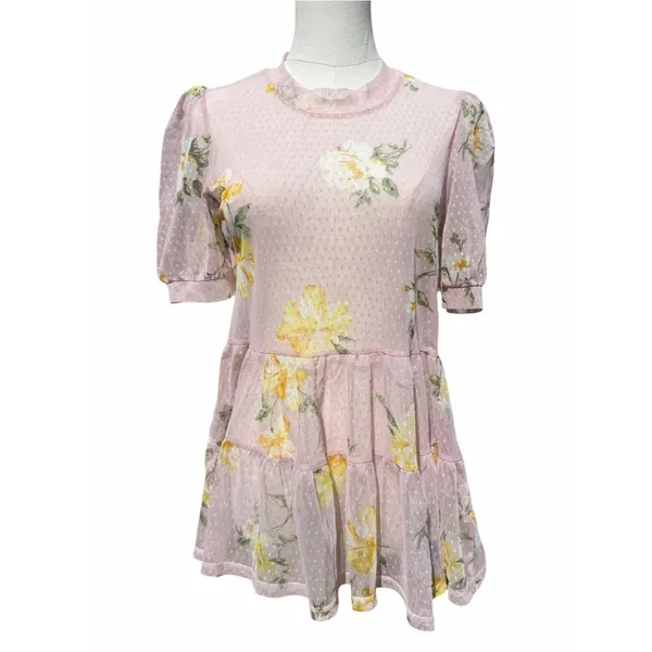 Meraki Mesh Tiered Tunic Top Women’s M Blush Pink Floral Puff Sleeve Cottagecore - Image 2