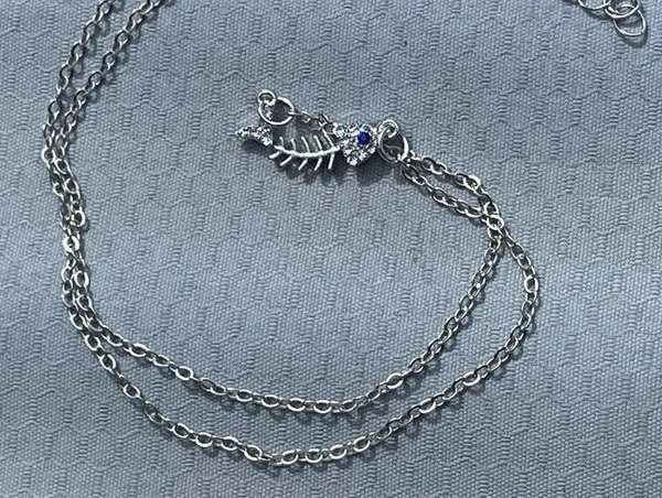 Mr Bones fishy necklace silver tone fish and blue eye rhinestone covered gift - Image 3
