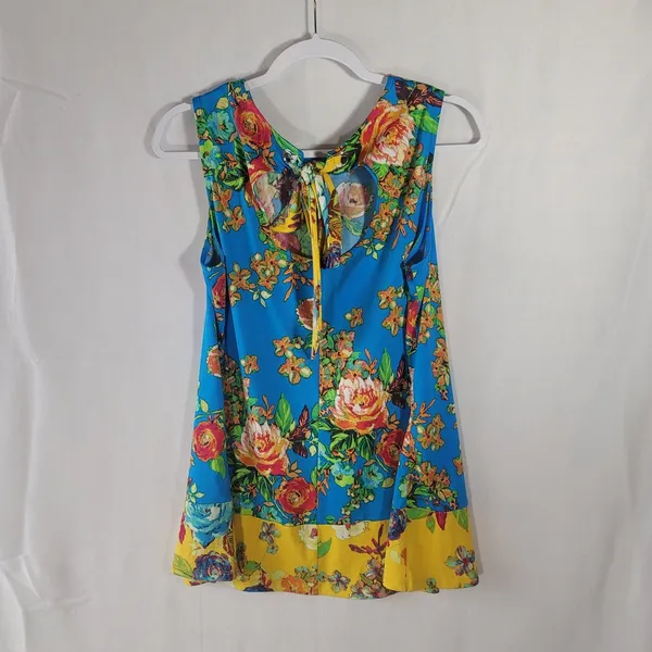 Coco Bianco Floral Open Back Sleeveless Blouse Top Blue Yellow Size L Tropical - Image 2