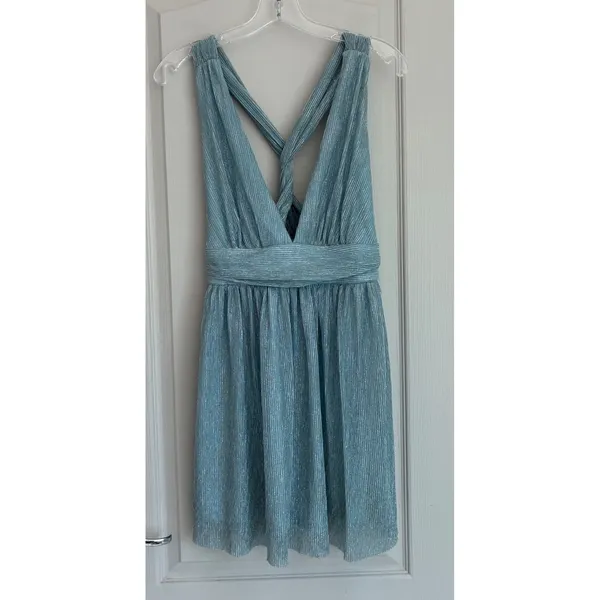 Lulus Light Blue Metallic Pleated Mini Dress V-Neck Open Back‎ 17D1756 Womens S - Image 3