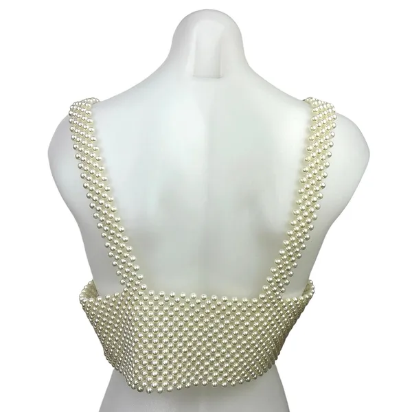 Pearl Chain Beaded Women's White V Neck Sleeveless Cami Crop Top Size S / M - Image 7